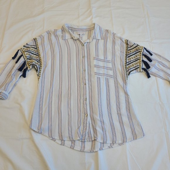 Shyanne White Top with Red/Blue Pinstripe Country Embroidered Tassels - Picture 10 of 15